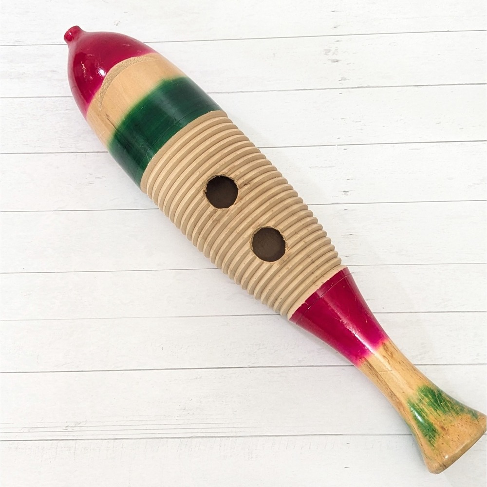 Vintage Wooden Fish Guiro Handheld Percussion Latin Instrument Hand Carved 16"